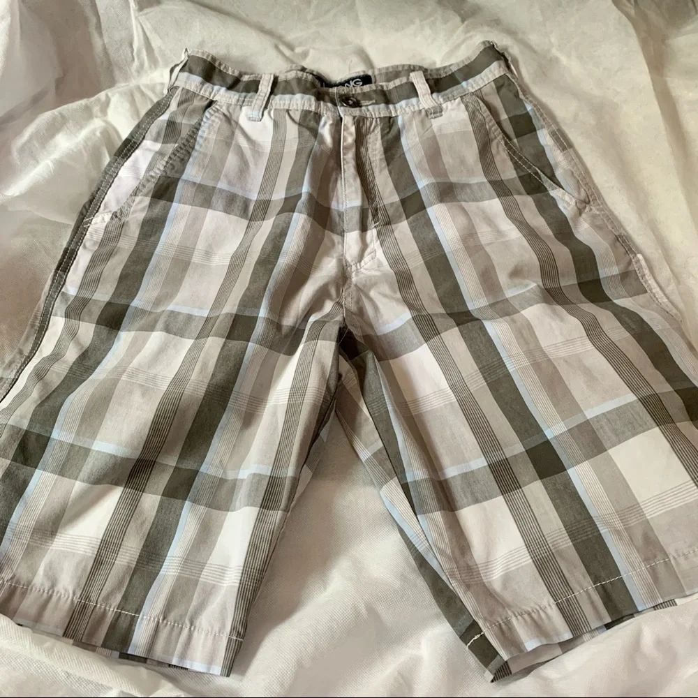 BILLABONG Gray, Light Blue and White Plaid Shorts